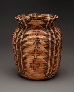 A large polychrome Apache pictorial olla basket