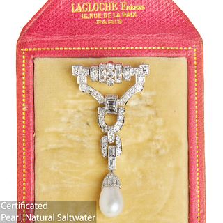 IMPORTANT CERTIFICATED ART-DECO NATURAL SALTWATER PEARL AND DIAMOND DROP BROOCH