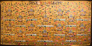 A CHINESE YELLOW-GROUND SILK EMBROIDERED 'FOURTEEN DRAGONS' PANEL 