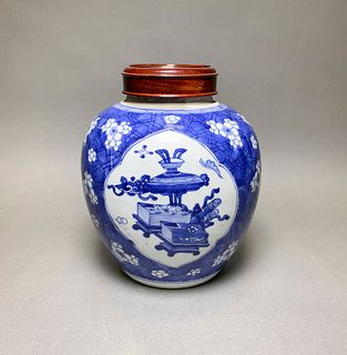 A BLUE AND WHITE 'PRUNUS' JAR WITH COVER, KANGXI PERIOD 