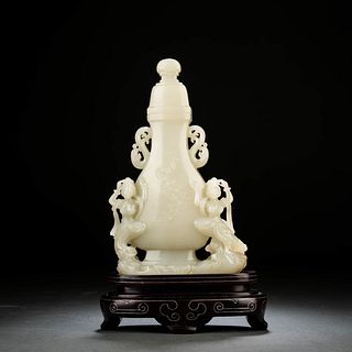 Carved White Jade Apsaras Vase
