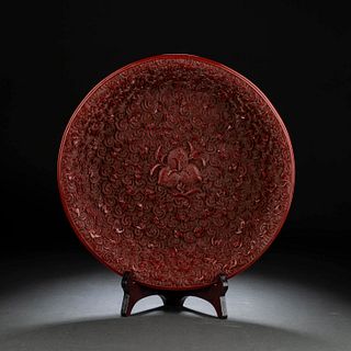 Carved Lacquerware Peaches And Bats Plate