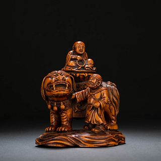 Carved Boxwood Figure And Lion
