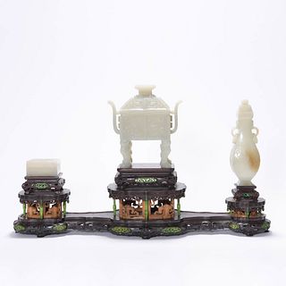 Carved Chinese White Jade Censer, Vase and Box