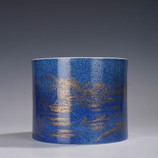 Gold Decorated Blue Glaze Landscape Brush Pot