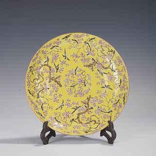 Yellow-Ground Famille Rose Flower And Bird Dish