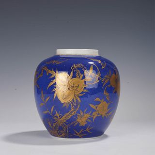 Gold Decorated Blue Glaze Floral Jar