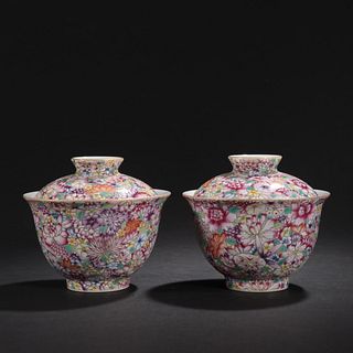 Pair Of Falangcai Glaze Millefleurs Bowls And Covers