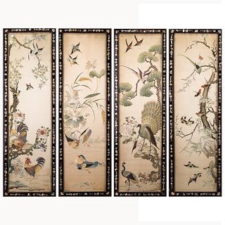 A GROUP OF 4 CHINESE FRAMED EMBROIDERED FLOWER AND BIRD PANELS 
