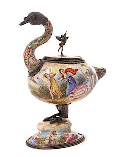 * A Viennese Enameled Silver Goose Form Box Height 6 1/4 inches.