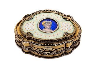 A Continental Gilt Metal and Guilloche Enamel Box Length 3 1/2 inches.