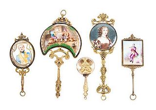 * Four Continental Gilt Metal Mounted Hand Mirrors Length of longest 6 inches.