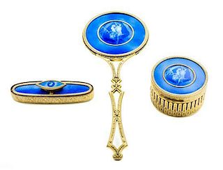 * A French Gilt Metal Mounted Guilloche Enamel Dresser Set Length of first 13 3/4 inches.