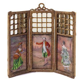 * A French Mirrored and Enameled Three Panel Table Screen Height overall 9 x width 9 3/4 inches.