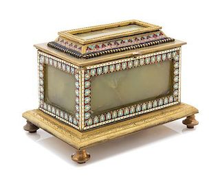 * A French Onyx and Champleve Decorated Gilt Bronze Table Casket Width 5 1/2 inches.