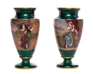 * A Pair of French Enameled Copper Vases Height 6 3/8 inches.