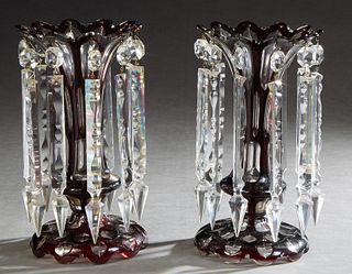 Pair of Cut-to-Clear Glass Ruby Overlay Girandoles, early 20th c., of trumpet form, hung with long crystal button and spear prisms, H.- 11 in., Dia.- 