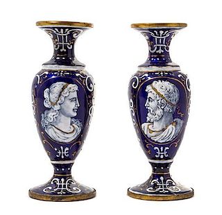 * A Pair of French Enamel on Copper Vases Height 6 3/4 inches.