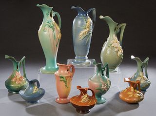Ten Pieces of Roseville Pottery, consisting of 17-10, Clematis; 21-15, Freesia; 5-10, Foxglove; 17-10, Clematis; 880-18, Poppy Ewer; 18-15, Clematis; 