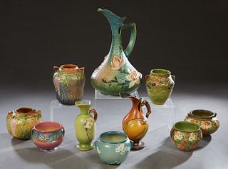Ten Pieces of Roseville Pottery, consisting of 634-4, Primrose pattern; 634-7, Wisteria; 632-5 Wisteria, with a paper label; Cherry Bowl; 909-10, Pine