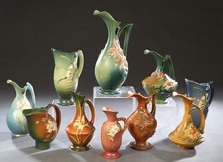Ten Pieces of Roseville Pottery, consisting of 2-10, Bushberry Ewer; 8-10, Peony Ewer; 902-16, Fuchsia; 902-12,; 20-10 Freesia Green; 20-10 Freesia, B