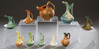 Group of Ten Pieces of Roseville Pottery, consisting of a 1325, Pitcher; 1-6, Bushberry Ewer; 963-6 Bleeding Heart Ewer;  916-6, Iris vase; 716-6 Silh
