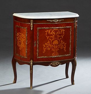 Louis XV Style Ormolu Mounted Marquetry Inlaid Mahogany Marble Top Bombe Commode, early 20th c., the ogee edge bowed white marble over a bowed marquet