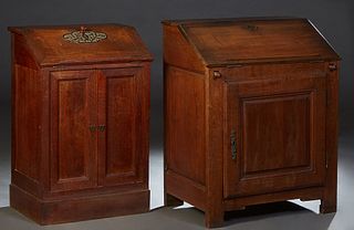 Two French Provincial Slant Front Desks, one of walnut, the slant lid opening to an interior with four fitted drawers and a sliding top stationery sto