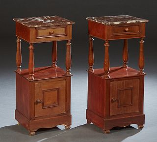 Pair of French Carved Cherry Marble Top Nightstands, c. 1870, the highly figured brown marble over a frieze drawer, on turned tapered supports to a lo