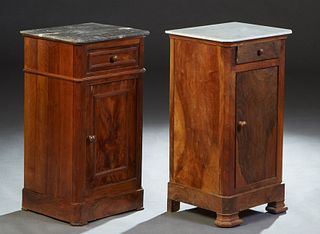 Two French Louis Philippe Carved Walnut Marble Top Nightstands, 19th c., with canted corner figured marble tops, one white and the other gray, over a 