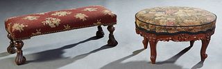Two French Carved Walnut Louis XV Style Footstools, early 20th c., one of oval form. with a carved skirt on cabriole legs with toupie feet in needlepo