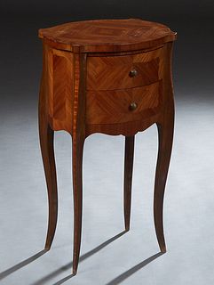 French Louis XV Style Carved Cherry Bombe Nightstand, 20th c., the shaped bowed top over two bowed drawers, flanked by bombe sides, on tapered cabriol