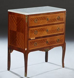 French Diminutive Carved Cherry Louis XV Style Marble Top Commode, late 19th c., the stepped canted corner figured white marble over three drawers, on