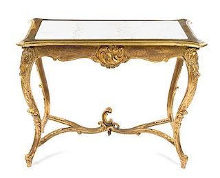 * A Louis XV Style Giltwood Console Table Height 30 x width 39 3/4 x depth 21 3/4 inches.