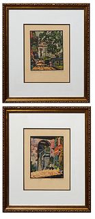 Clarence Millet (1897-1959, Louisiana), Pair of Woodblock Prints, "Pirates Alley," 20th c., woodblock print with watercolor, initialed "C.M." in print