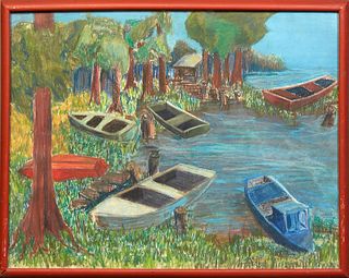 Cary Davis, "Boats on the Bayou," 20th c., pastel on paper, signed lower right, presented in a painted orange frame, H.- 18 1/2 in., W.- 23 1/2 in., F