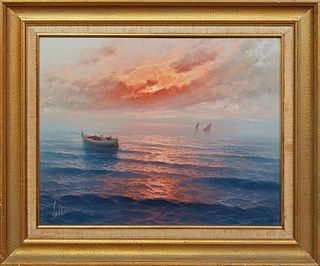 Chinese School, "Sunset Seascape," 20th c., oil on canvas, signed indistinctly lower left, presented in a gilt frame, H.- 15 in., W.- 18 1/2 in., Fram