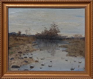 American School, "Marsh Scene," 20th c., oil on canvas laid to board, signed indistinctly lower right, presented in a gilt frame, H.- 9 1/2 in., W.- 1