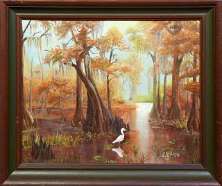 Southern School, "Louisiana Swamp Scene with Egret," 1978, acrylic on canvas board, signed "J Slason" and dated lower right, inscribed "To Judy and Ch