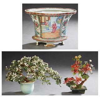 Oriental Famille Rose Shaped Porcelain Planter, 20th c., with figural and floral decoration, on an integral footed flat, together with two carved hard