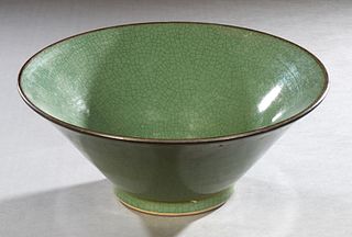 Large Chinese Green Circular Crackleware Bowl, 20th c., with a black rim, of tapered form, H.- 6 in., Dia.- 15 1/2 in.