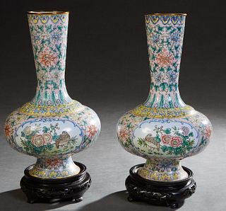 Pair of Chinese Enameled Copper Baluster Vases, 20th c., the everted rim over a tapered floral and leaf decorated stepped band, to sides with floral a