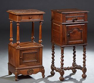 Two Louis Philippe Style Carved Walnut Nightstands, early 20th c., one with a highly figured brown marble over a frieze drawer, on turned tapered supp
