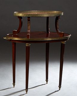 French Louis XVI Style Ormolu Mounted Carved Mahogany Marble Top Desserte, early 20th c., the brass galleried oval Breche d'Alpes tan marble top on fo