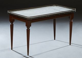 French Louis XVI Ormolu Mounted Carved Cherry Marble Top Coffee Table, 20th c., the pierced brass galleried figured white marble over a brass mounted 