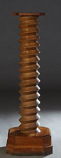 French Provincial Carved Walnut Wine Press Screw, 19th c., now mounted with an octagonal top, on a stepped octagonal base, as a pedestal, H.- 54 1/4 i