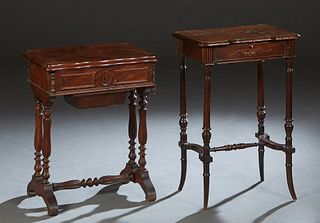 Two French Louis Philippe Carved Oak Travailleuses, 19th c., one of cherry, the shaped lifting lid with incised bird and leaf decoration, the undersid