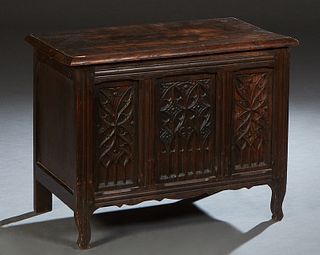 French Provincial Carved Walnut Marble Top Nightstand, early 20th c., the inset highly figured rounded corner rouge marble over a setback frieze drawe