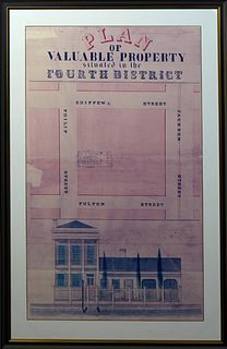 Color Copy of a 19th c. New Orleans Real Estate Plan, for a property on Philip Street, in the fourth district, presented in a gray and black frame wit