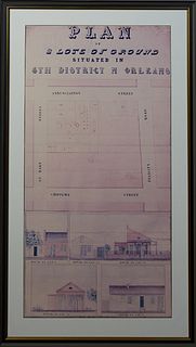 Color Copy of a 19th c. New Orleans Real Estate Plan, for five houses on Annunciation Street, in the fourth District, presented in a gray and black fr